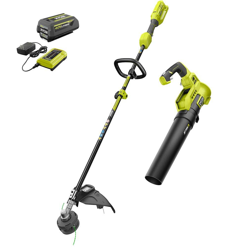 RYOBI 40V Cordless Battery Attachment Capable String Trimmer and Leaf Blower Combo Kit (2-Tools) w/ 4.0 Ah Battery & Charger RY40940