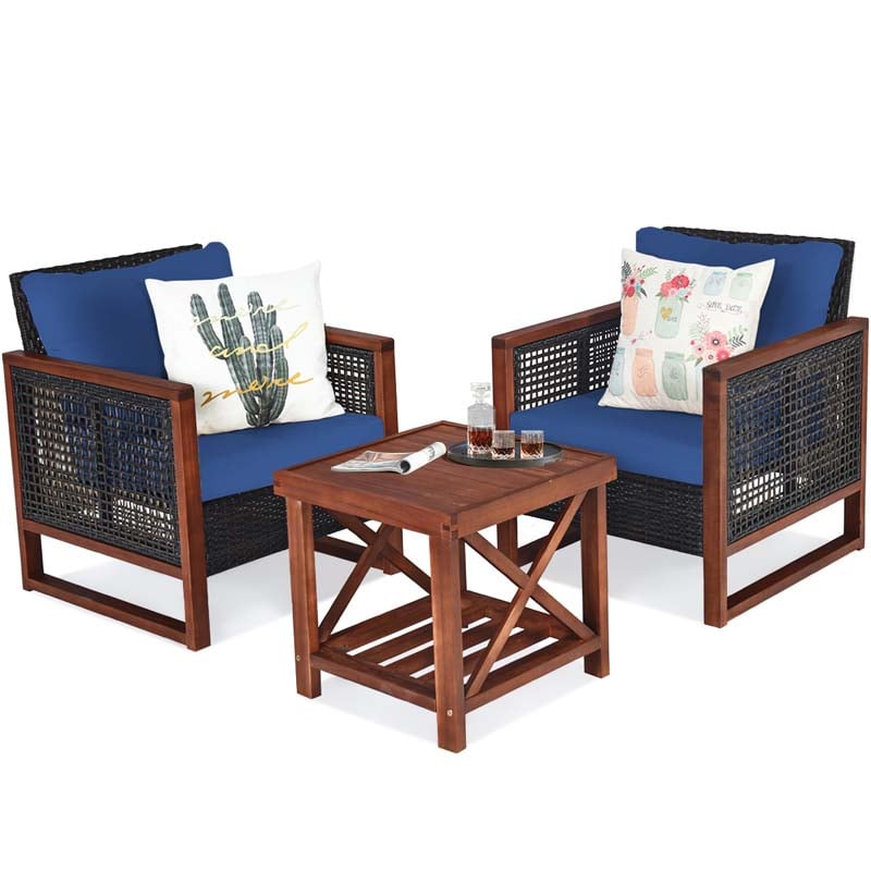 3 Pcs Rattan Patio Furniture Sofa Set Outdoor Conversation Bistro Set with Acacia Wooden Frame & Cushions