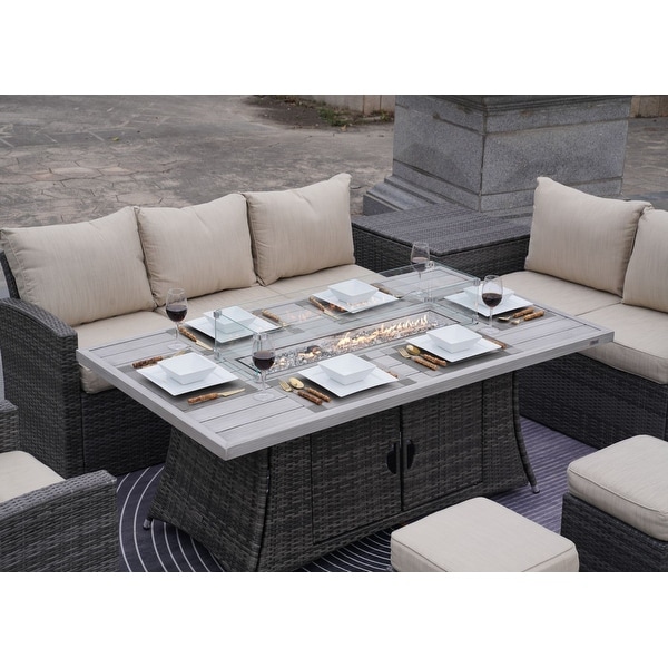 7Piece Outdoor Sofa with Aluminium table top Fire Pit Set