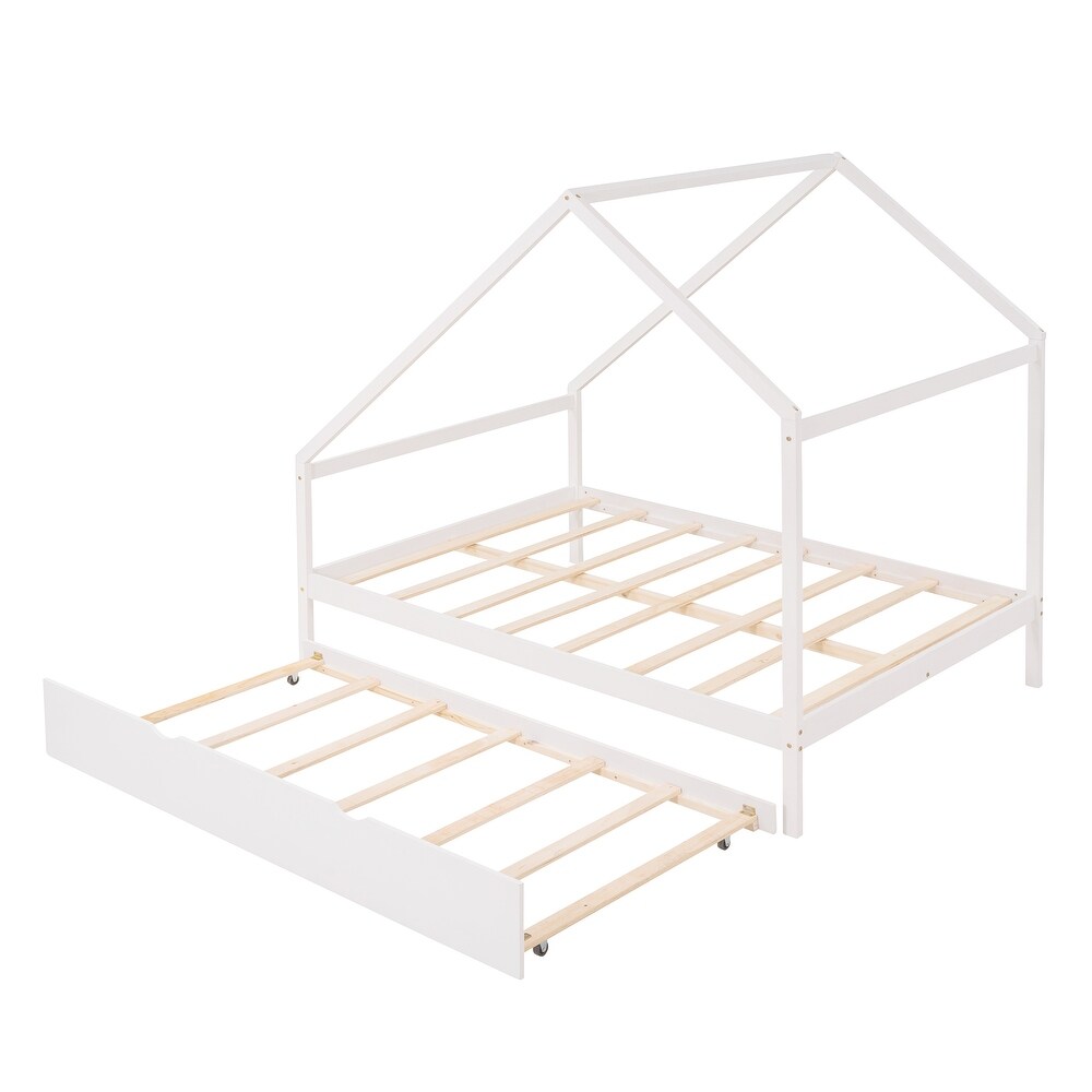 Full Size Wooden House Bed Simple Daybed Frame with Twin Size Trundle Suitable for DIY Decor Ribbons or Lanterns on Eaves