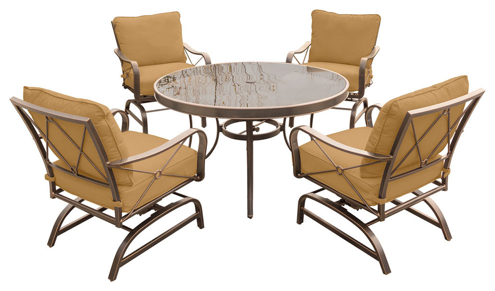 Summer Nights 5 Piece Dining Set  Four Cushioned Rockers  47 quotTable   Transitional   Outdoor Dining Sets   by Buildcom  Houzz