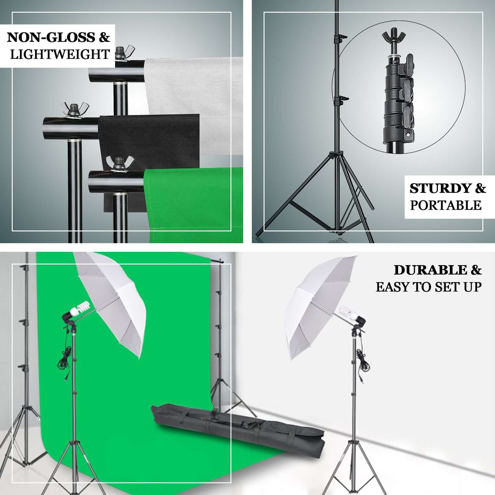 Photo Video Studio Lighting & Background Support System Kit, 600W White Umbrella With Chromakey Backdrop Muslins (Green Black White) - Free Carry Case Included 10ft