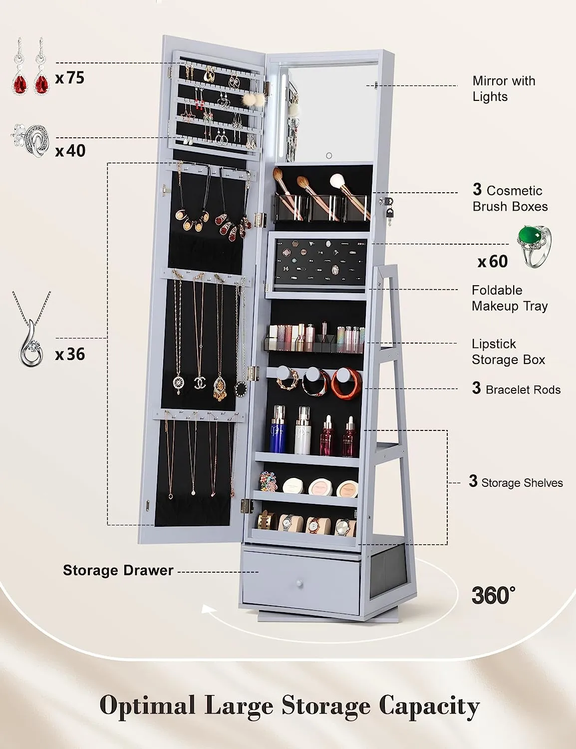 ⭐️360° Swivel Jewelry Cabinet with Lights - 🌟Touch Screen Vanity Mirror 🌟