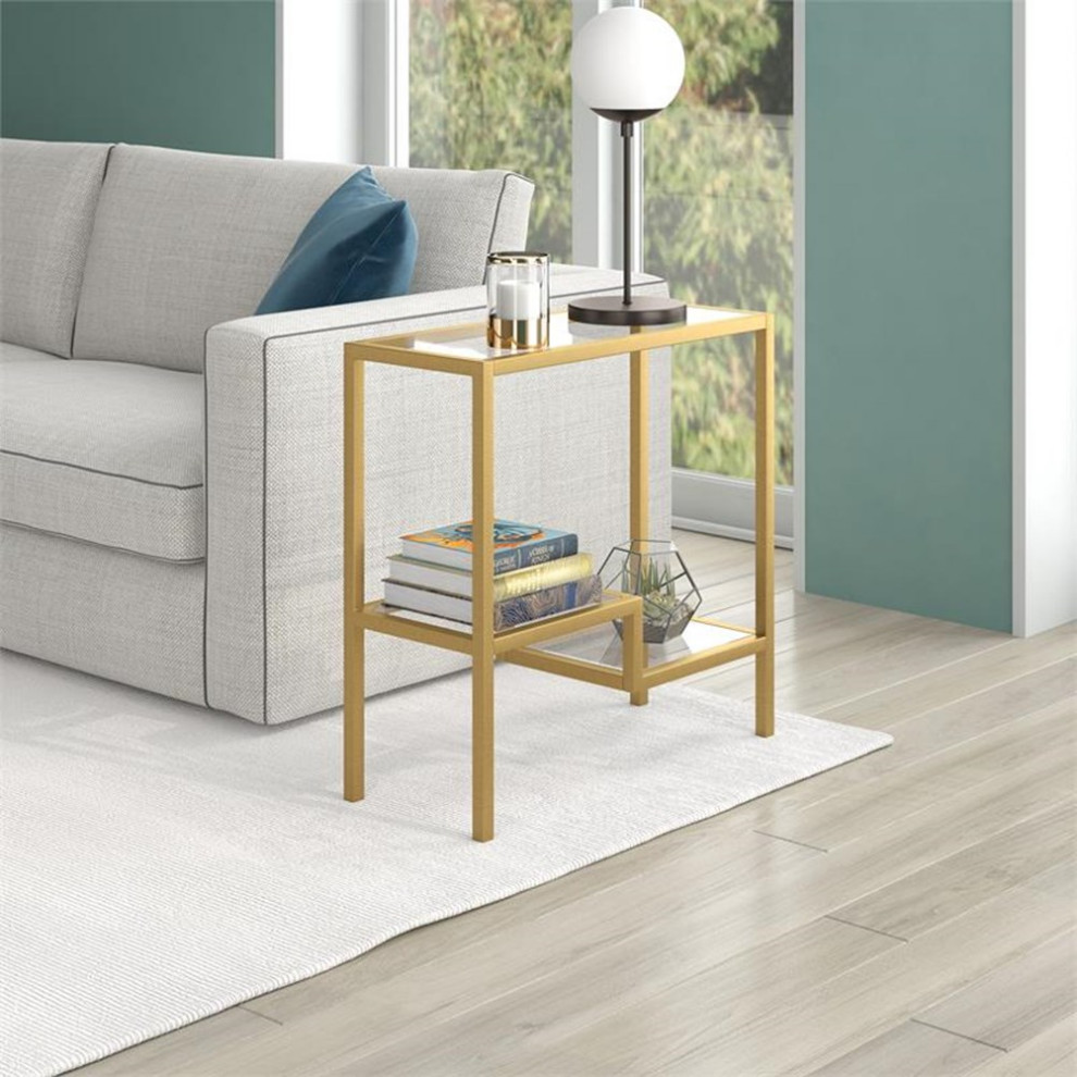 Maklaine Contemporary 24 quotMetal and Glass Side Table in Gold   Contemporary   Side Tables And End Tables   by Homesquare  Houzz