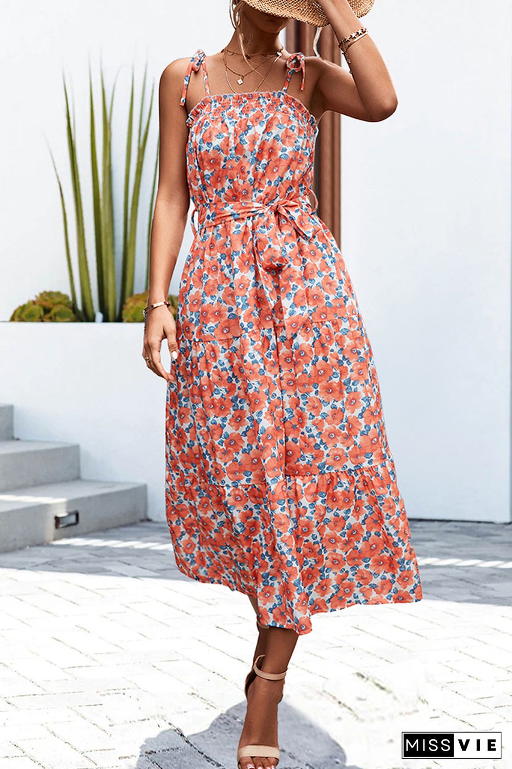 Smocked Neckline Tie Strap Tiered Floral Maxi Dress