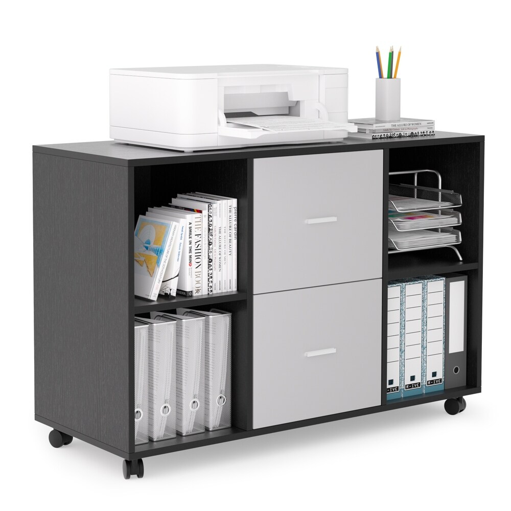 Wooden Filing Cabinet with 2 Drawers and 4 Open Storage Shelves  Equipped with Movable Wheels