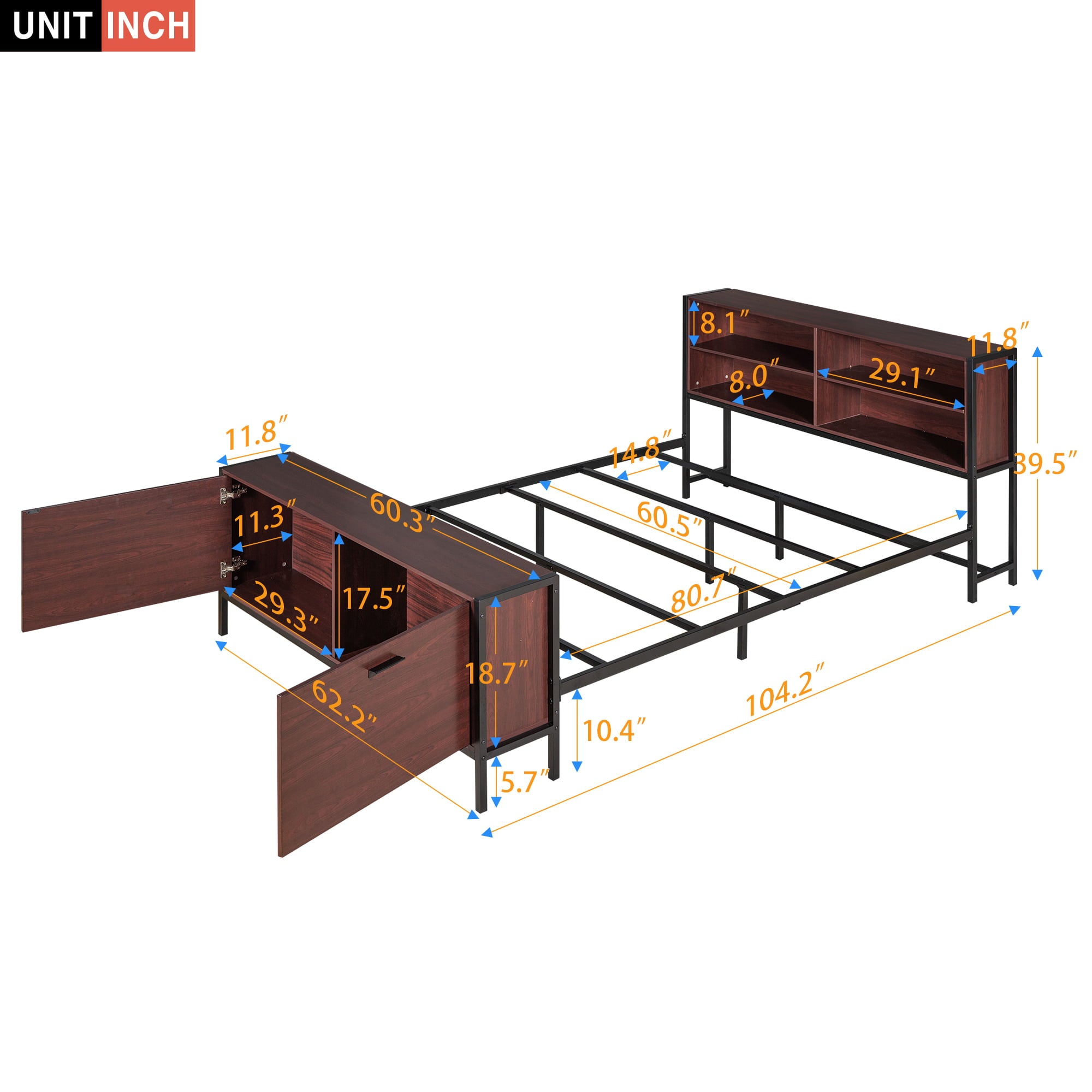 EUROCO Queen Size Metal Platform Bed with Storage Cabinet and Shelf for Bedroom, Black