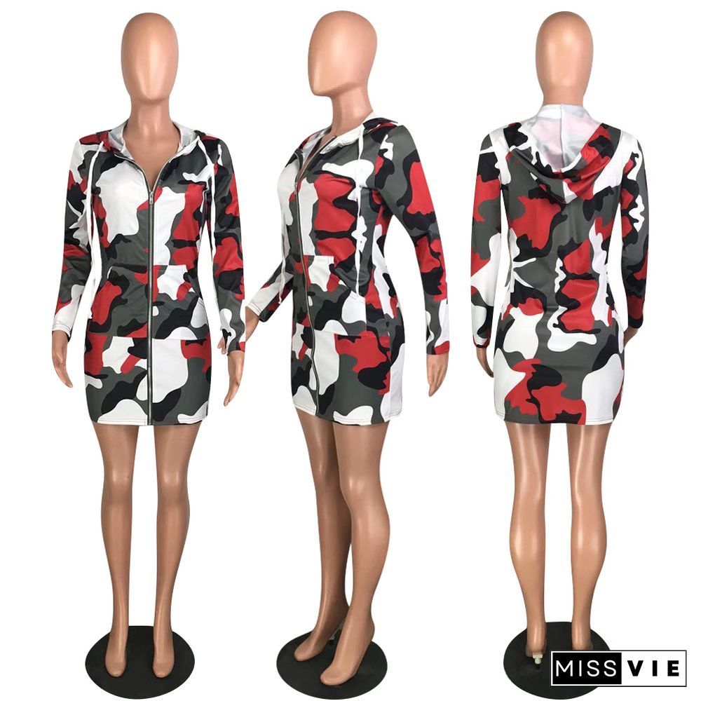 Sexy Camouflage Print Zipper Hoodies Short Dress