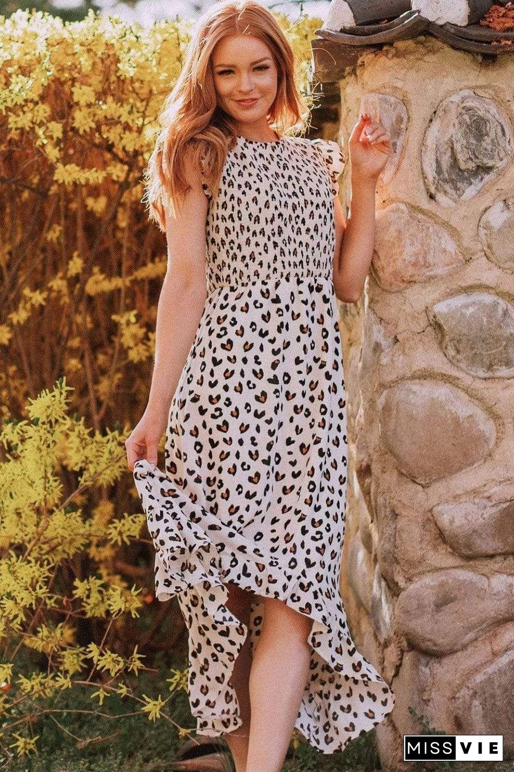 White Leopard Smocked High Low Midi Dress