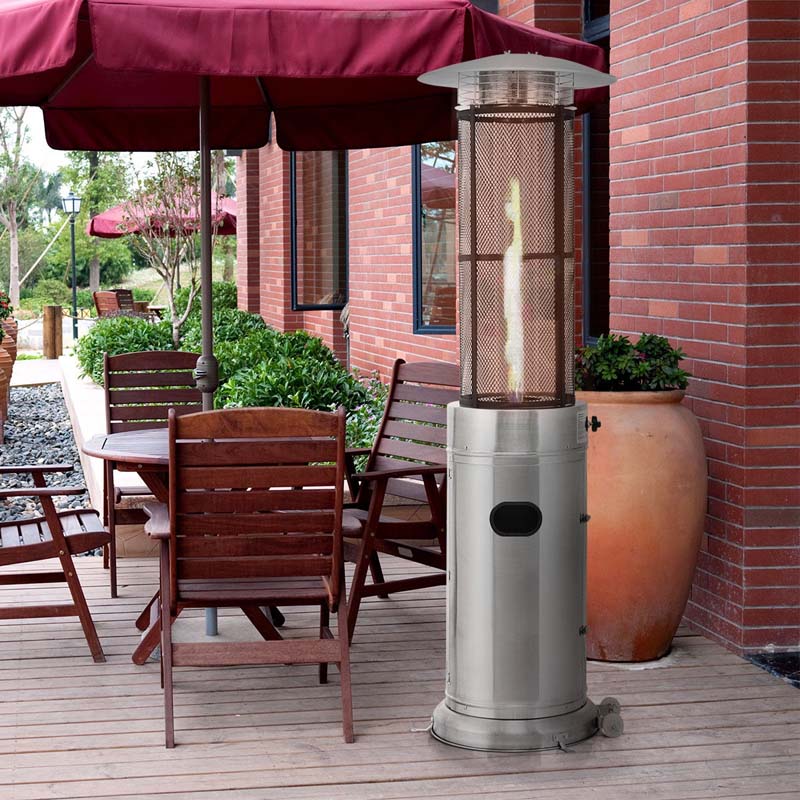 34,000BTU Standing Propane Patio Heater with Wheels, Stainless Steel Round Glass Tube Gas Outdoor Heater