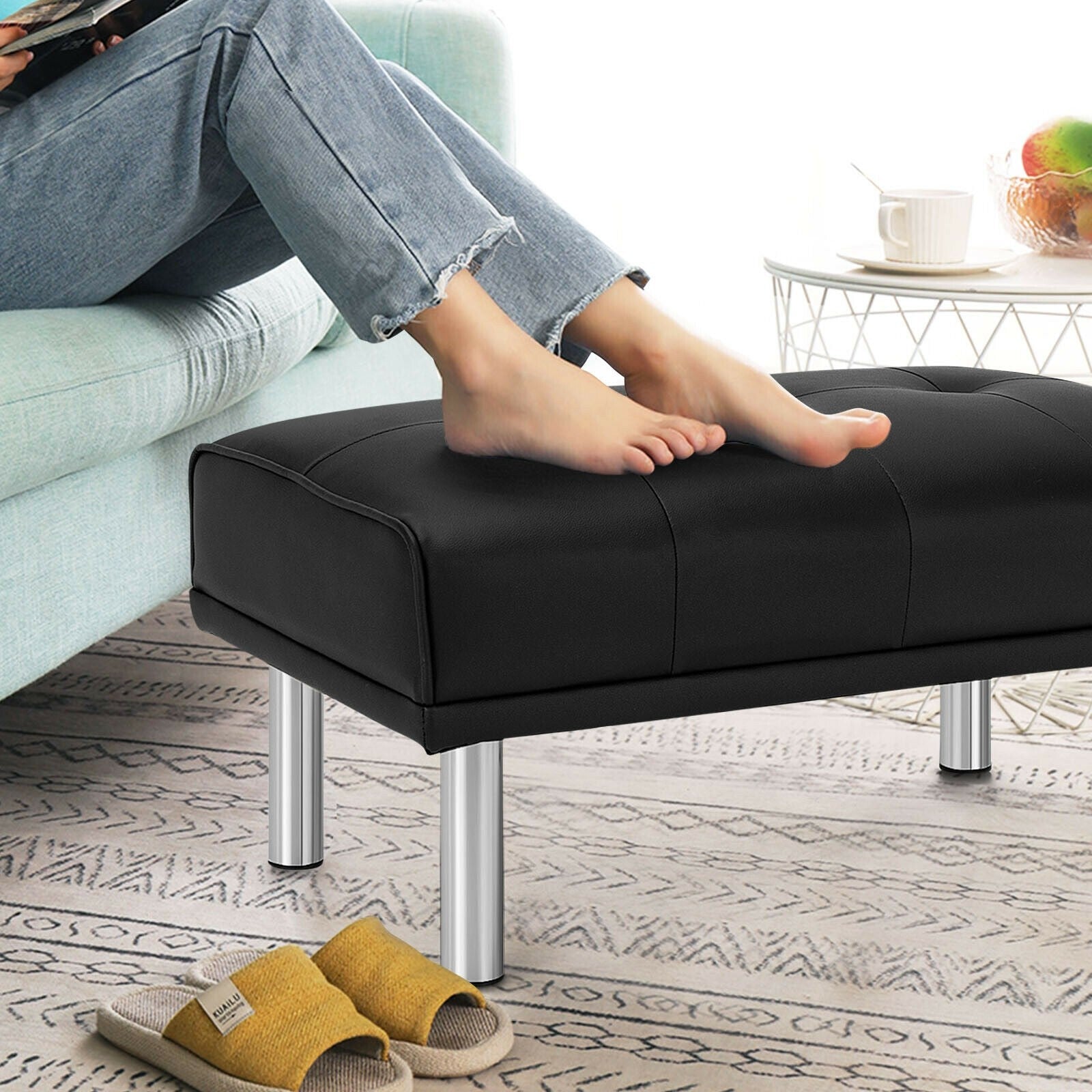 Tufted Ottoman, Rectangle Footrest Stool with Stainless Steel Legs