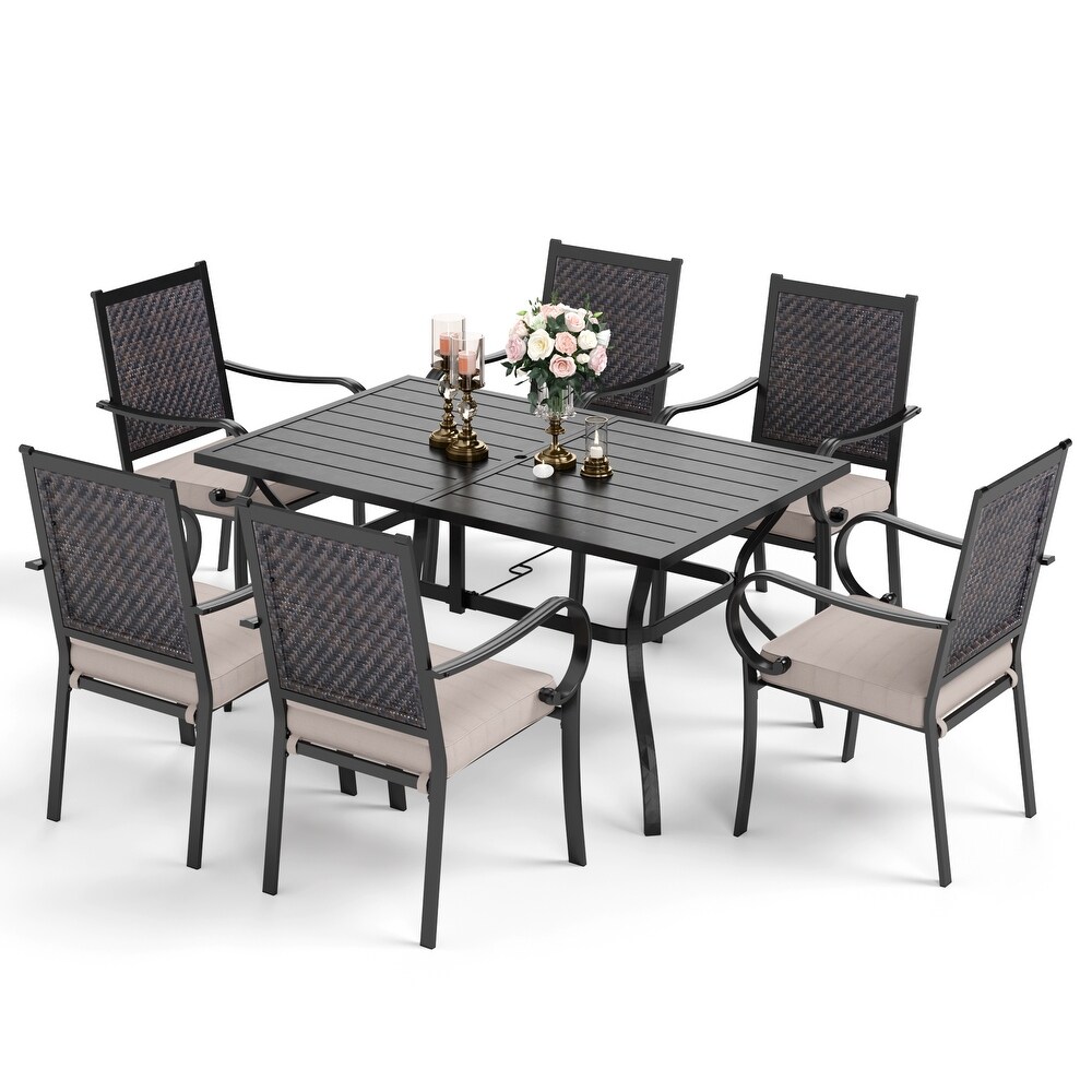 7 piece Patio Dining Set  6 Rattan Chairs with Cushion and 1 Metal Table with Umbrella Hole