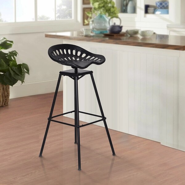 38 Inch Industrial Metal Barstool with Footrest， Swivel， Adjustable Seat Height， Angled Legs， Black