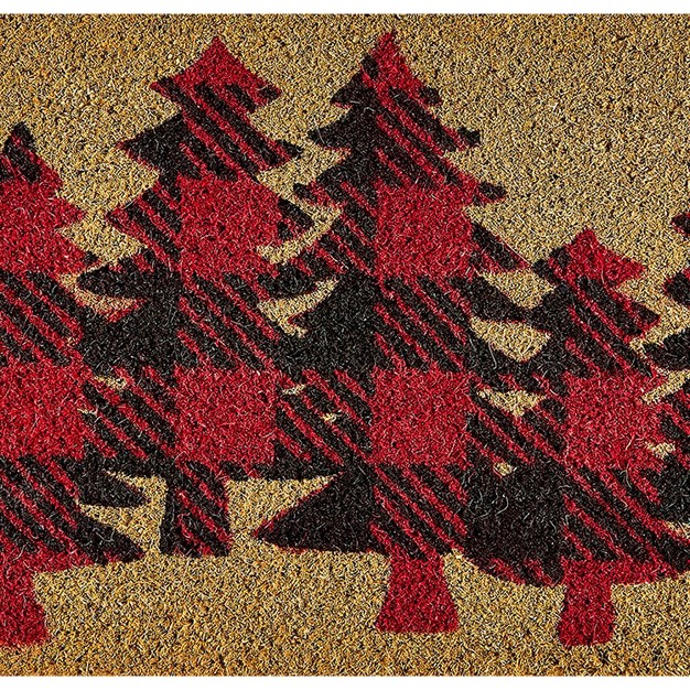 Buffalo Red Black Check Trees Rectangle Indoor And Outdoor Estate Coir Door Welcome Mat On Brown Background