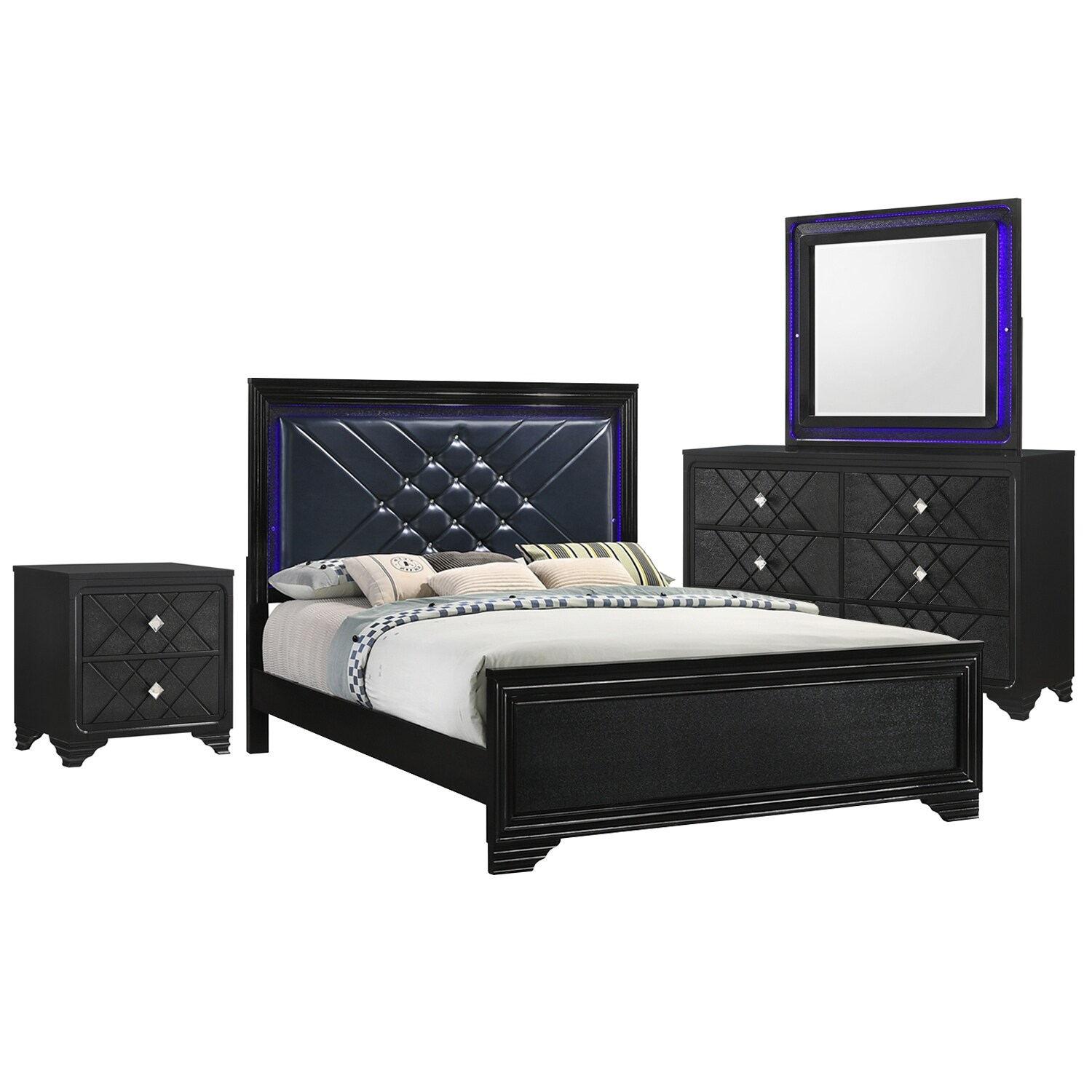 PU Queen Bedroom Set in Black and Midnight Star - - 36135745