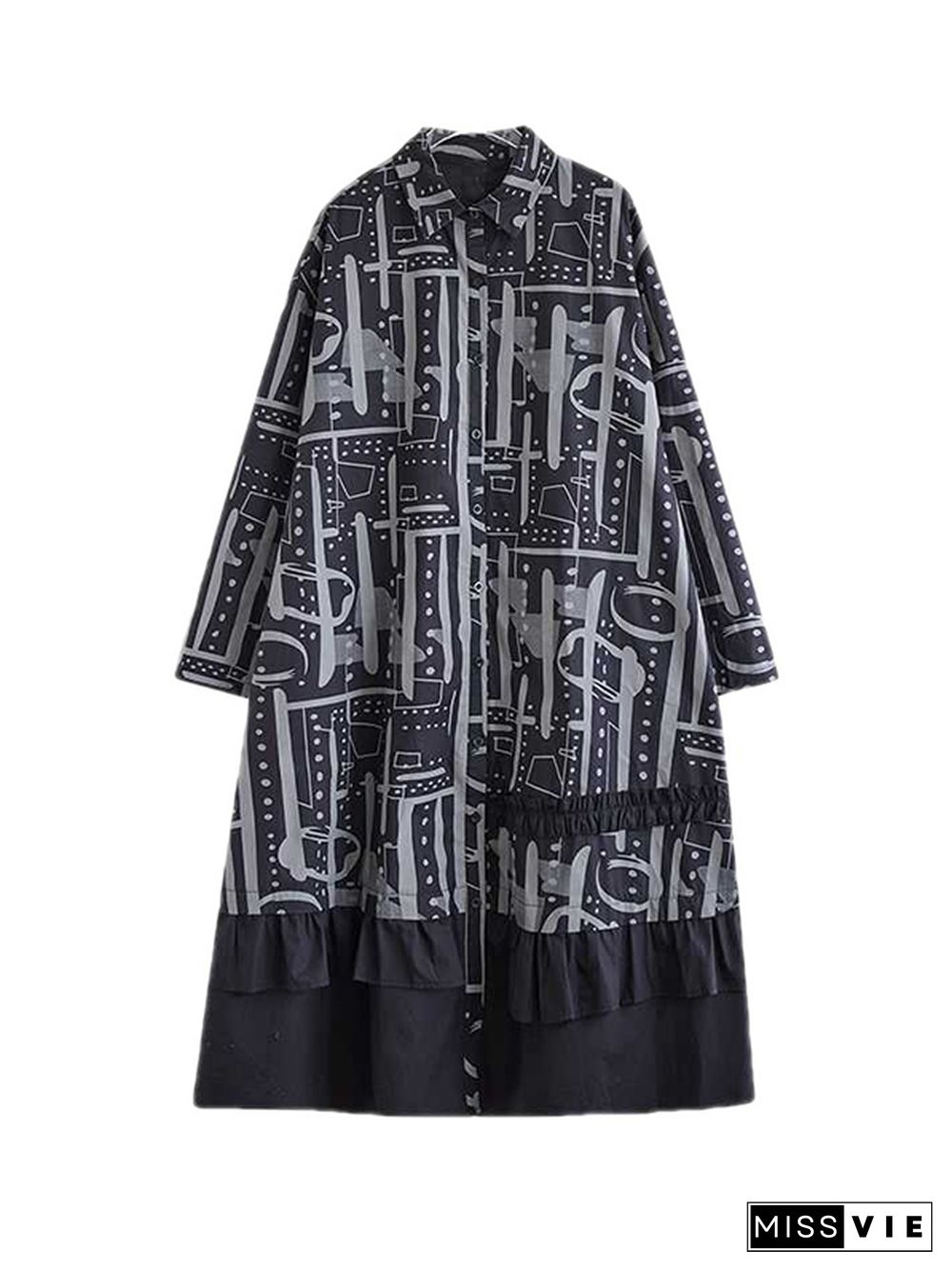 A-Line Long Sleeves Asymmetric Buttoned Printed Split-Joint Lapel Midi Dresses