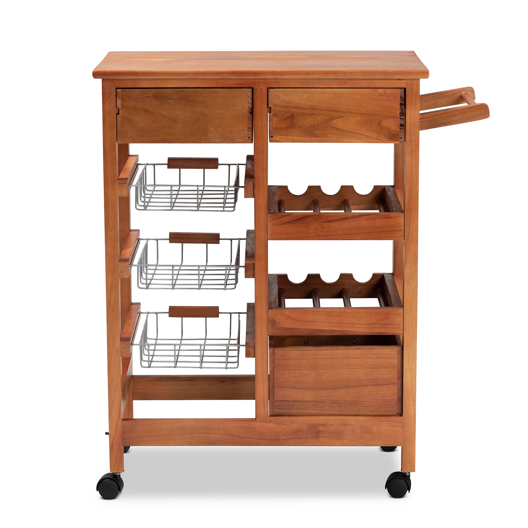 Baxton Studio Crayton Modern and Contemporary Oak Brown Finished Wood and Silver-Tone Metal Mobile Kitchen Storage Cart