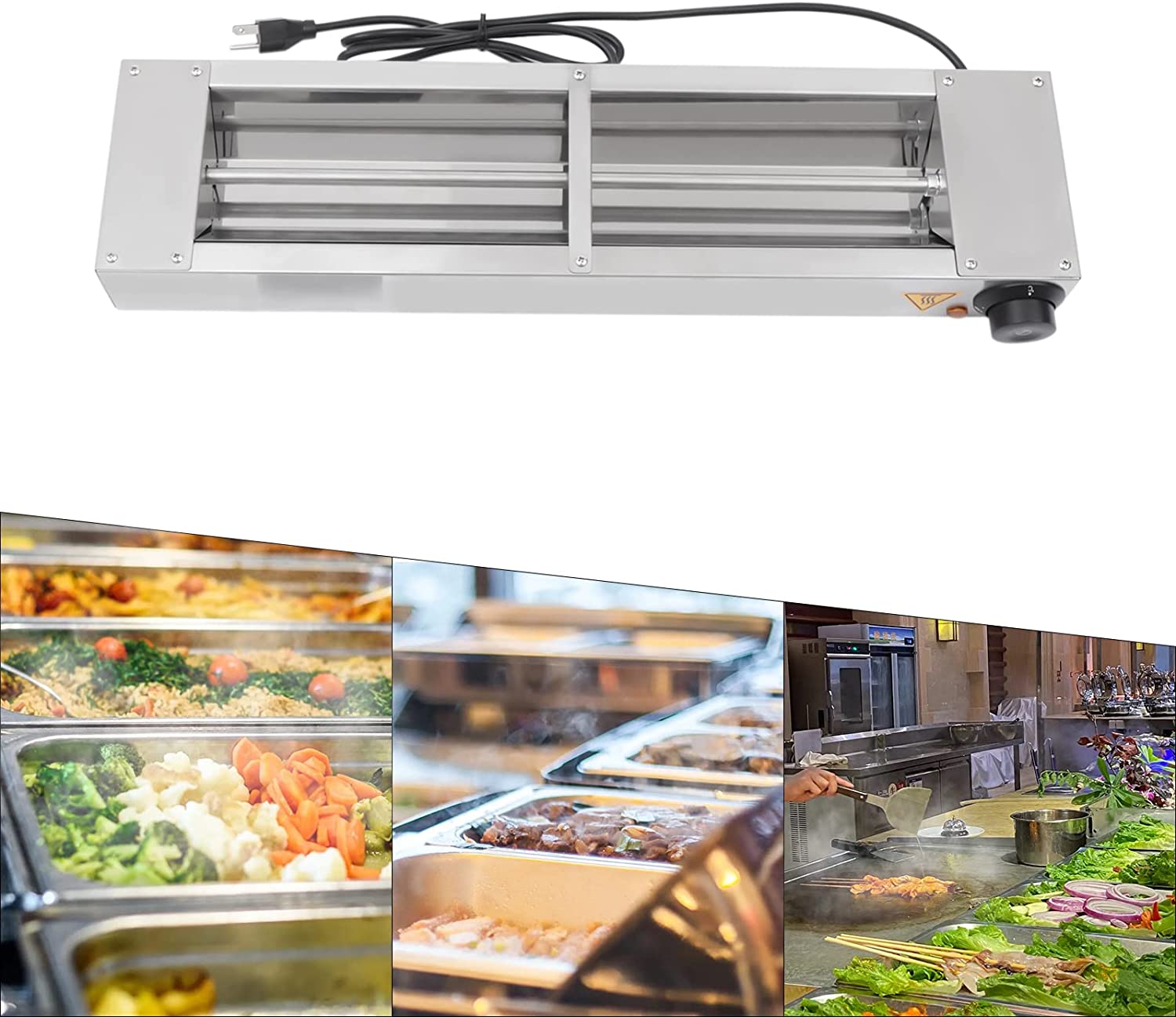 Miumaeov 24'' Stainless Steel Commercial Electric Strip Food Heater Electric Food Warmer with Cord and Plug 110V 500 W Commercial Heat Lamp Overhead Food Warmer