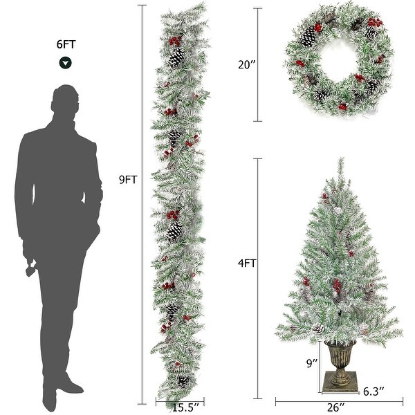 Prelit Xmas Tree Artificial Christmas 4Piece Set，Garland，Wreath and Set of 2 Entrance Trees Xmas with LED Lights