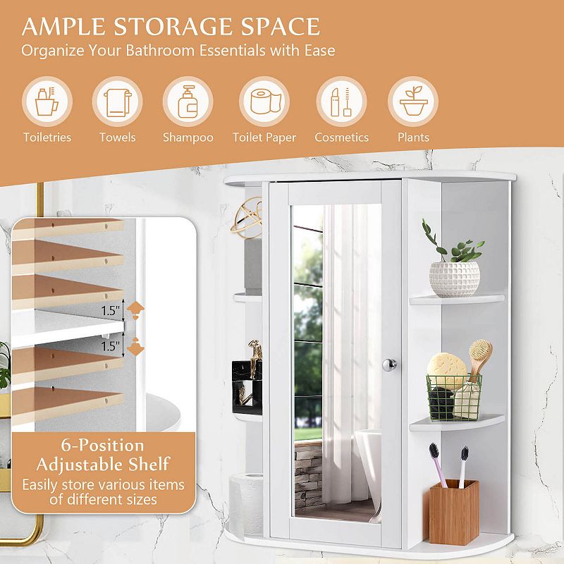 Bathroom Cabinet Single Door Shelves Wall Mount Cabinet with Mirror