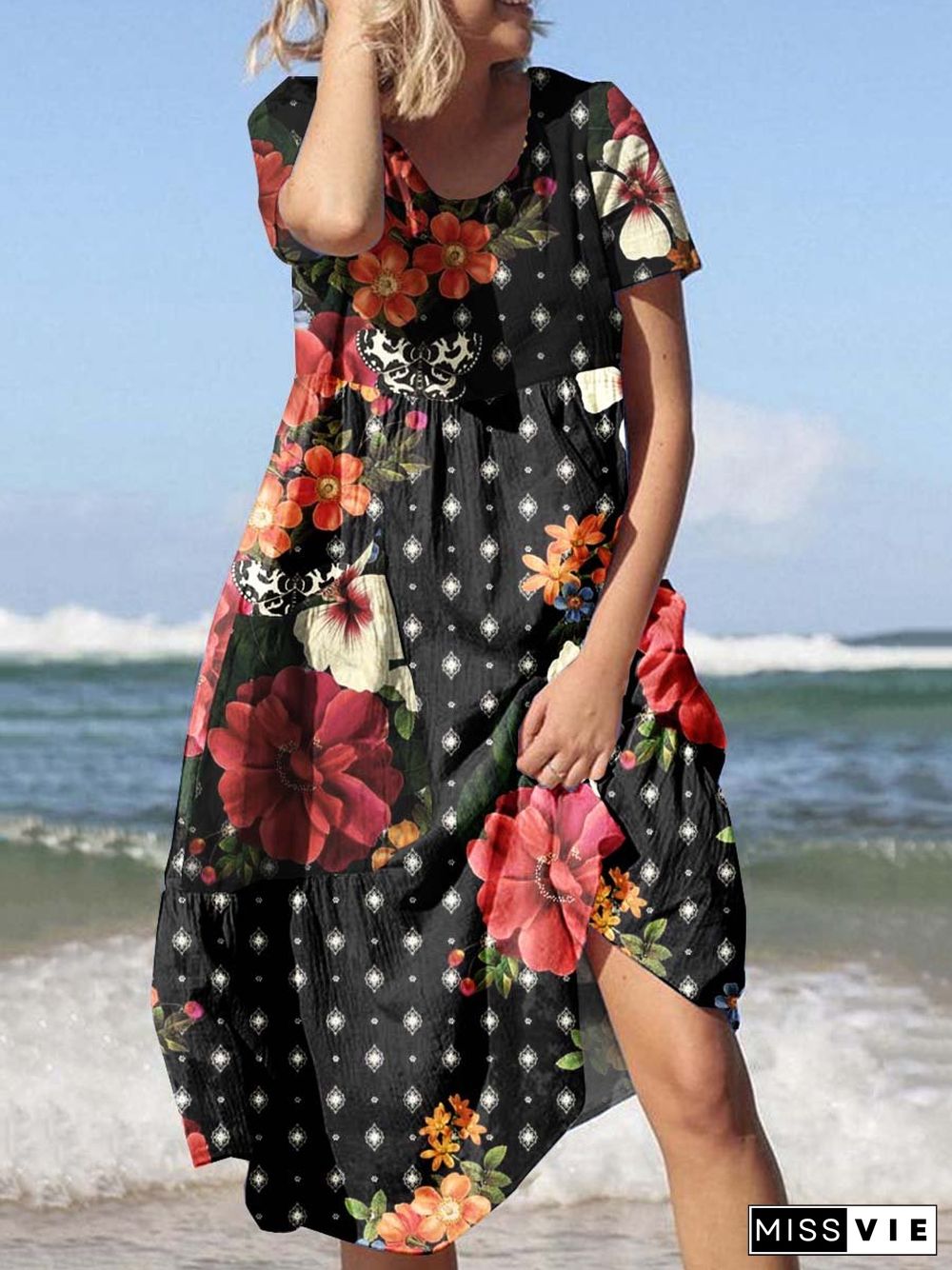 Women's Round Neck Seaside Resort Style Floral Print Flowy Dress With Pockets