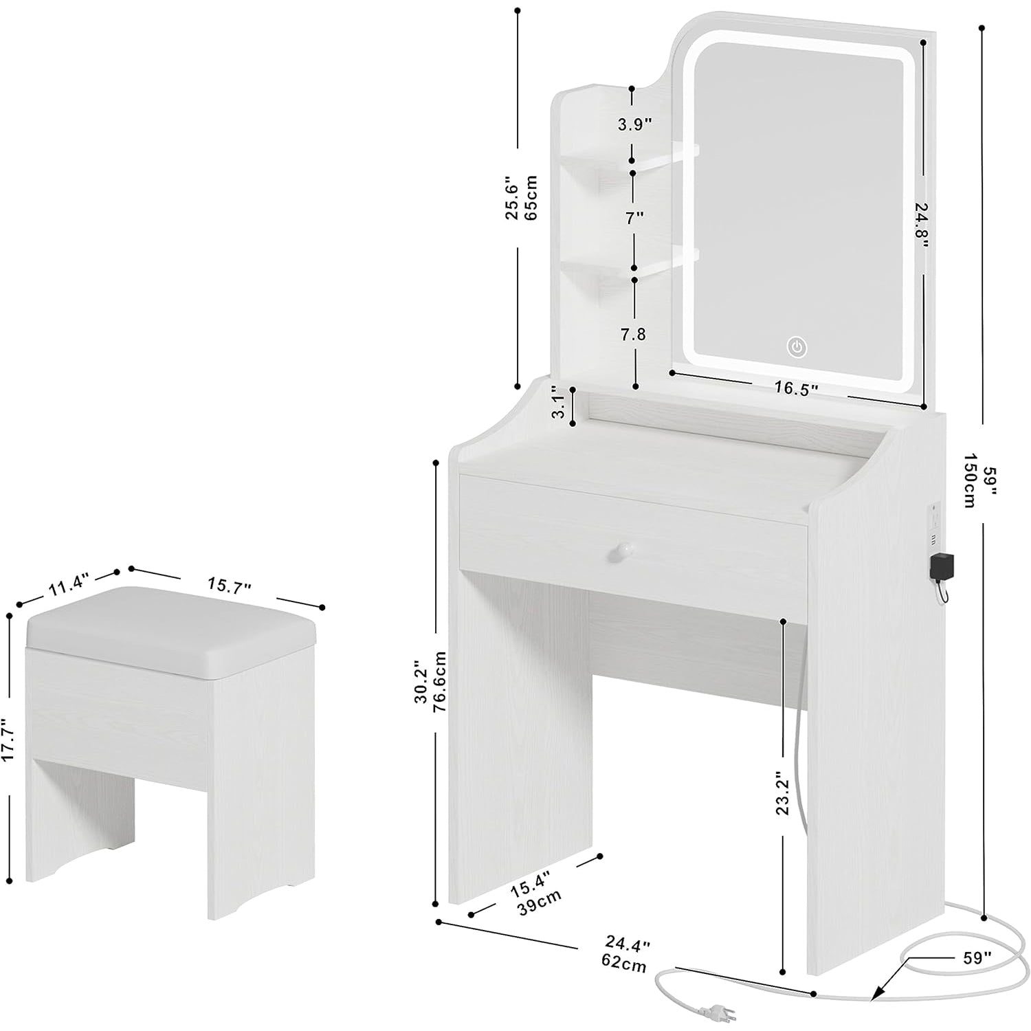 Makeup Vanity Desk with Upholstered Storage Stool Vanity Table Set with 1 Drawer, 3 Shelves, LED Light and USB Port