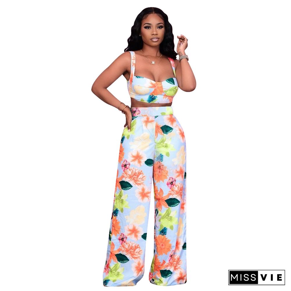 Hawaiian Style Print Halter Crop Top Wide-leg Pants 2 Piece Set