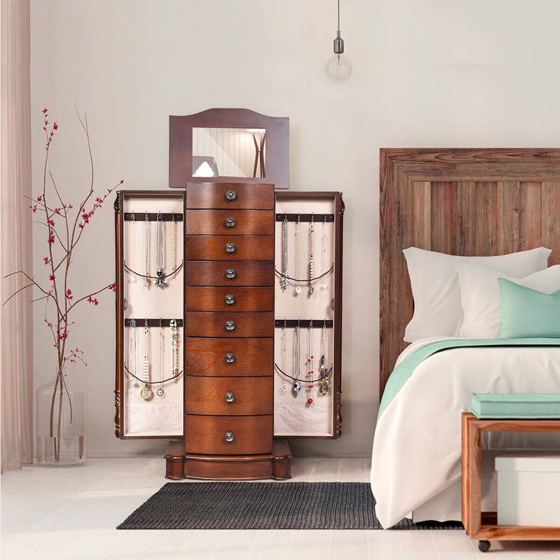 Dark Walnut Large Standing Jewelry Armoire Cabinet with 8 Drawers & 2 Swing Doors, 16 Hooks, Top Mirror Boxes