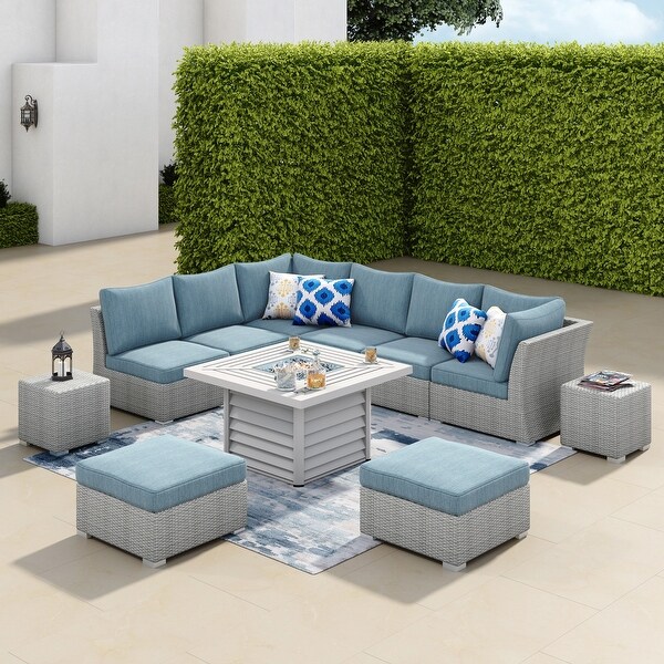 Corvus 11pc. Grey Wicker Sectional Sofa Fire Pit Set w/ Blue Cushions