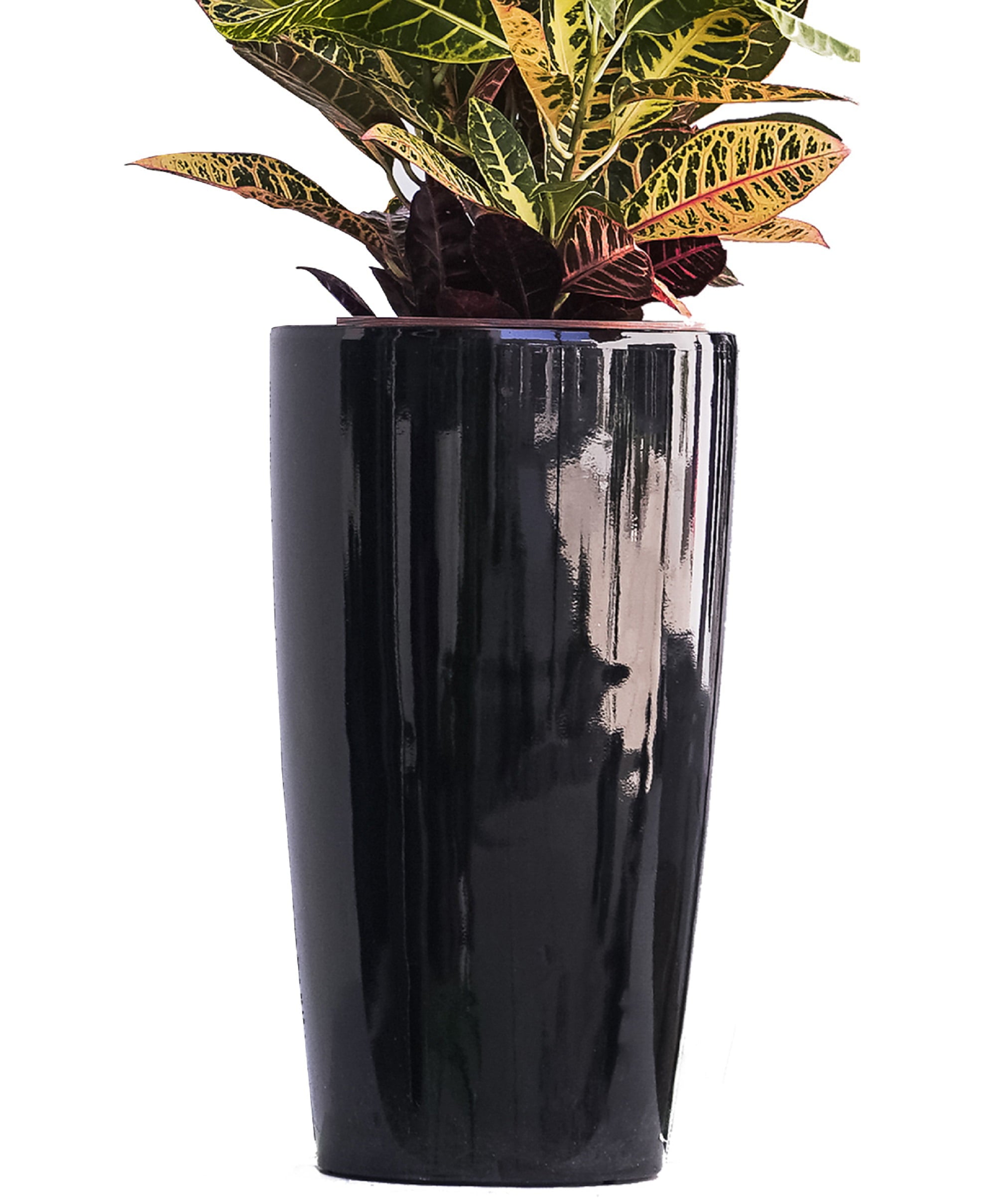 XBrand 21" H Black Plastic Self Watering Indoor Outdoor Tall Round Planter Pot w/Glossy Finish, Decorative Gardening Pot, Home Décor Accent