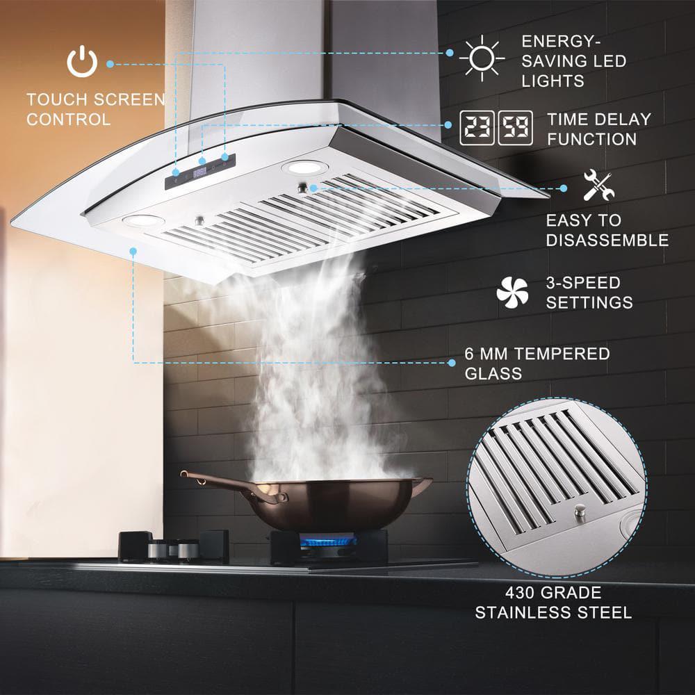 Edendirect 30 in Silver Wall Mounted Range Hood Ducted 700CFM Tempered Glass Touch Panel Control Vented LEDs with light