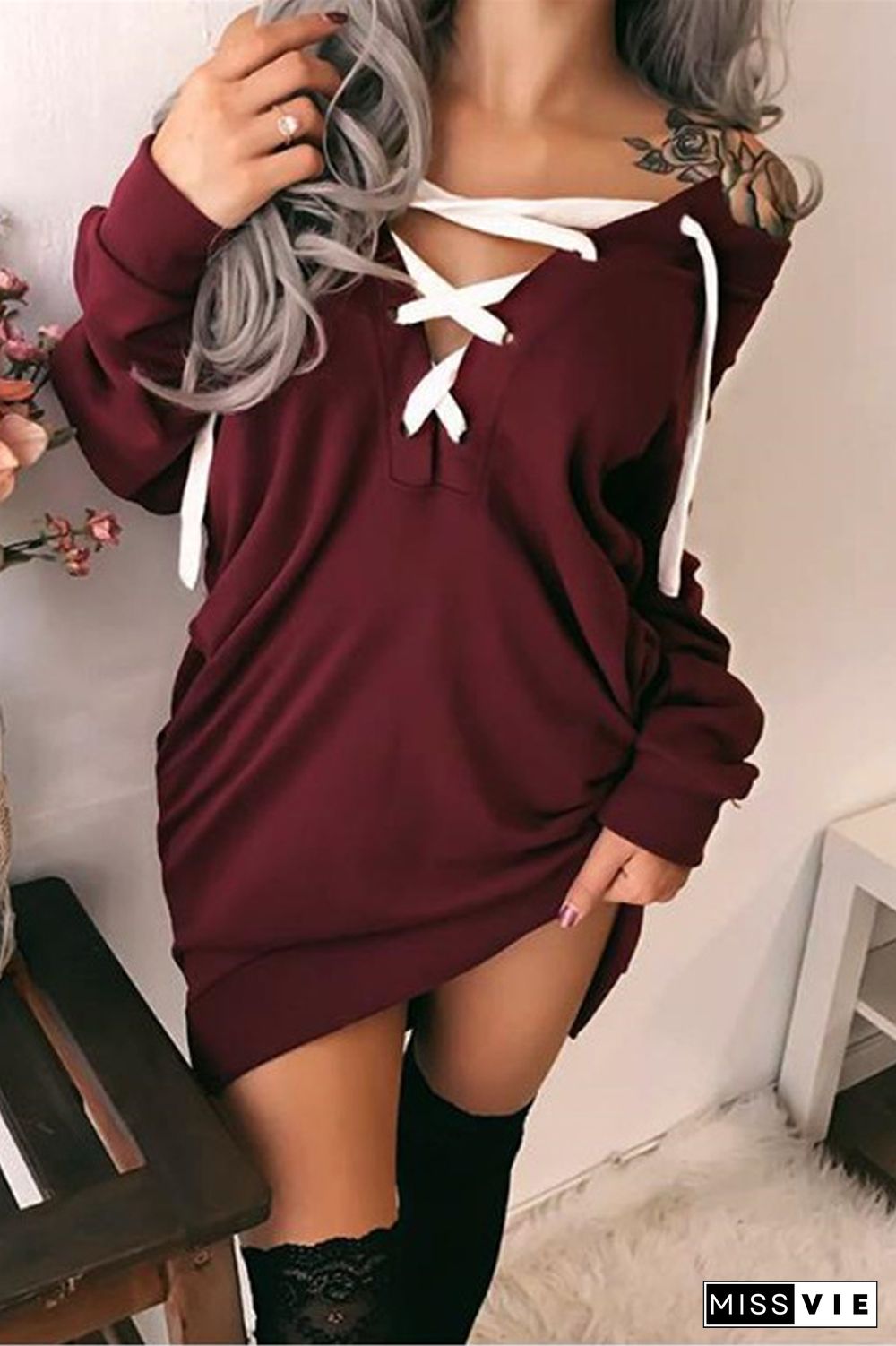 Solid Lace-Up Strapped Sweatshirt