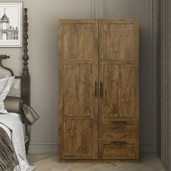 High wardrobe and kitchen cabinet with 2 doors， 2 drawers and 5 storage spaces，walnut - - 36528816