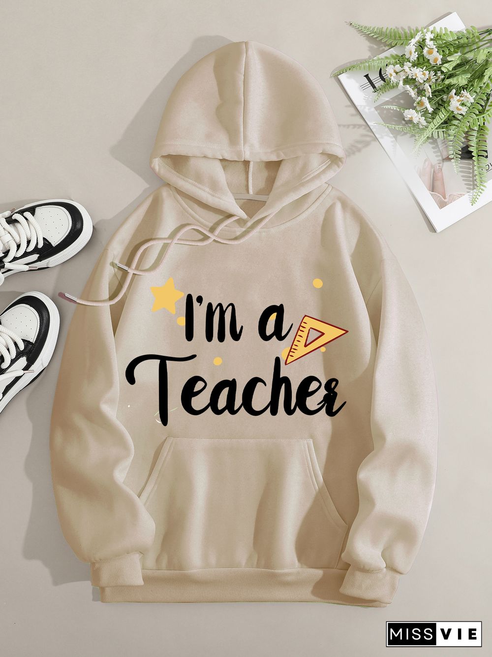 Printed on front Kangaroo Pocket Hoodie Long Sleeve for Women Pattern I am a teacher