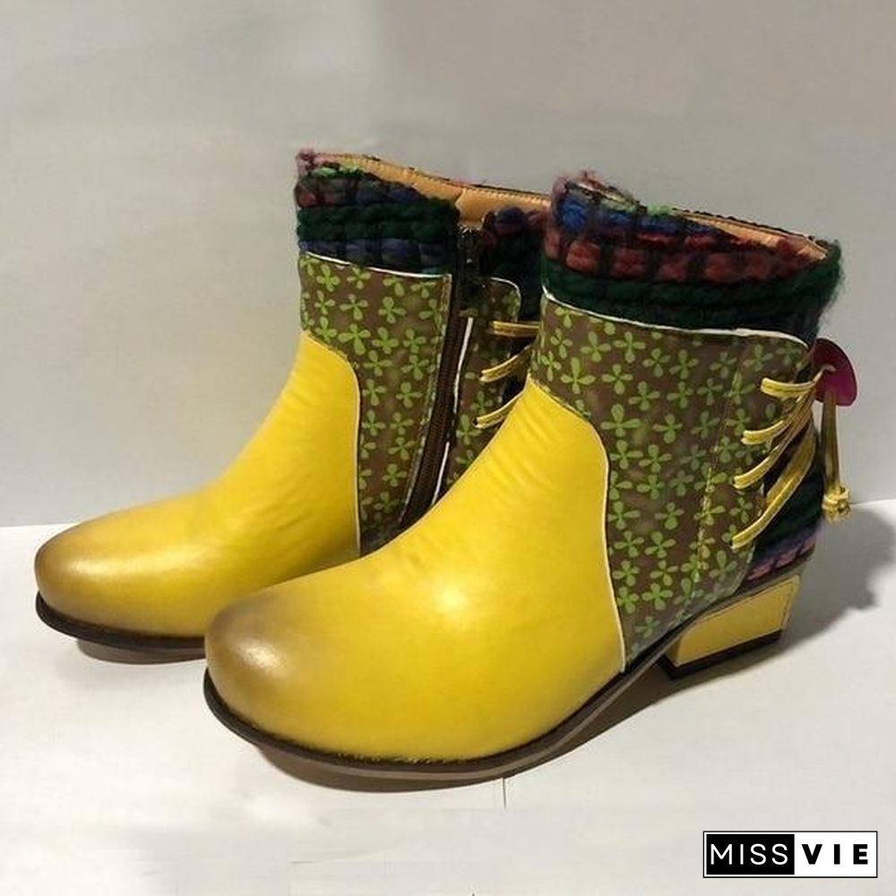 Round Head Colorful Printed Zipper Boots