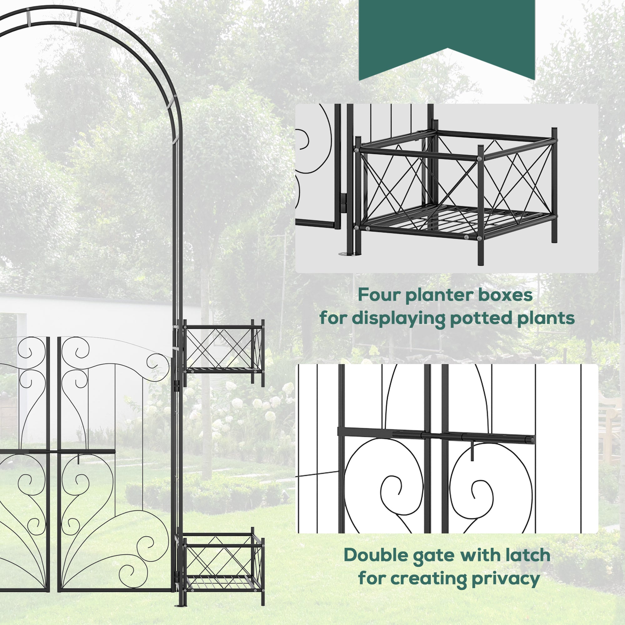 Outsunny 7' Metal Garden Arbor, Garden Arch with Gate, Scrollwork Hearts, Latching Doors, Planter Boxes for Climbing Vines, Ceremony, Weddings, Party, Garden, Backyard, Lawn, Black