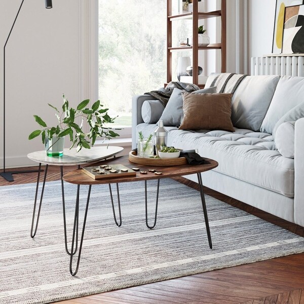 Mid Century Nesting Coffee Table Set of 2， Faux Marble Walnut Finish and Black Legs