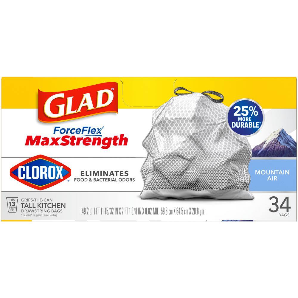 Glad ForceFlex MaxStrength 13 Gal. Mountain Air White Trash Bags Clorox Antimicrobial Tall Kitchen Drawstring (34-Count) 1258779298