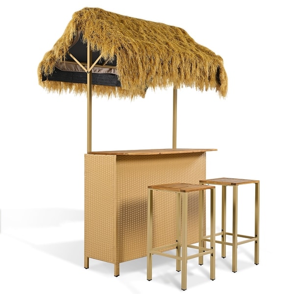 Outdoor Bar Height Patio Set with PE Grass Canopy and Adjustable Feet