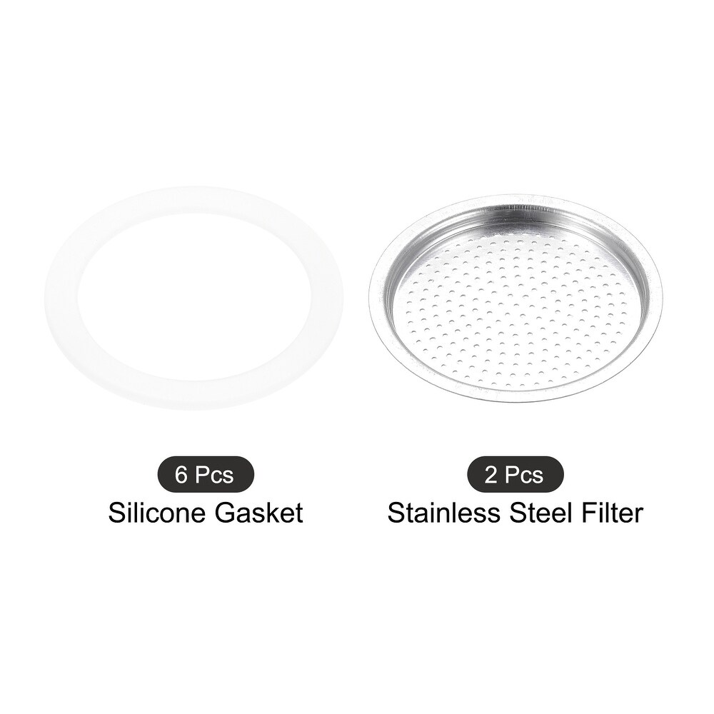 6x Silicone Gasket 2x Filter Screen 48x42mm for 2 Cup Mocha Coffee Pot   White  Silver Tone