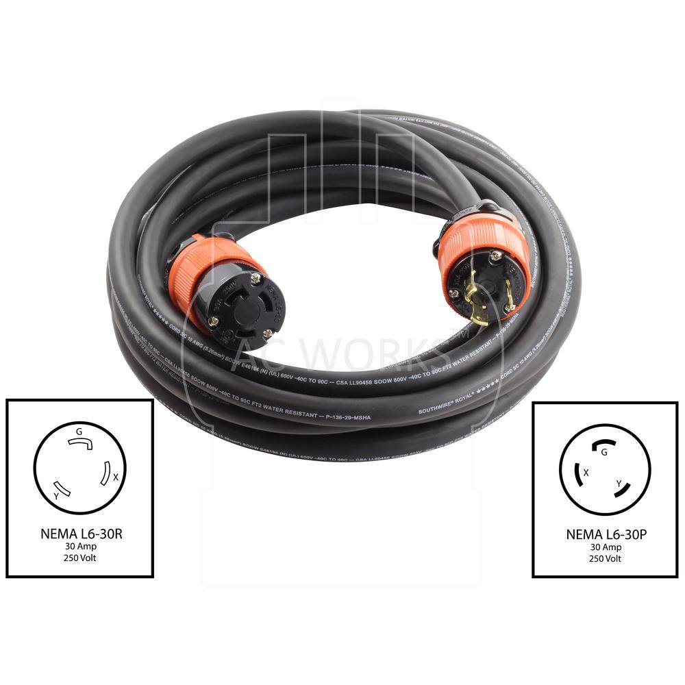 AC WORKS 100 ft. SOOW 103 NEMA L6-30 30 Amp 250-Volt Rubber Extension Cord L630PR-100E