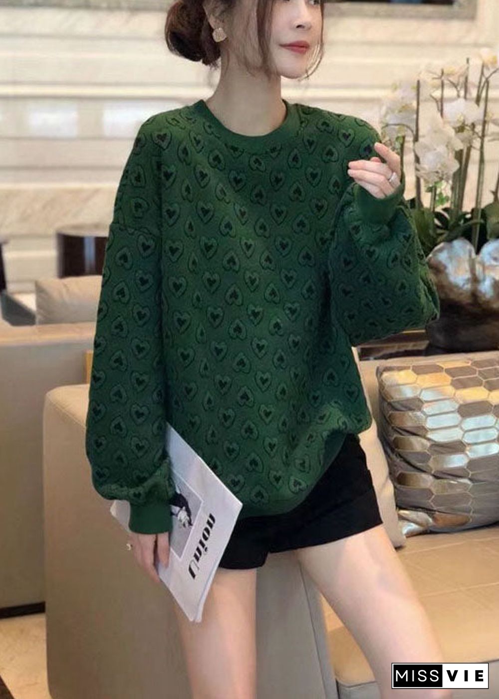 New Green O-Neck Print Cute Fall Sweatshirts Top