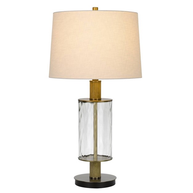 Morrilton Glass And Metal Table Lamp With Wood Poles Hardback Fabric Drum Shade Antique Brass Cal Lighting