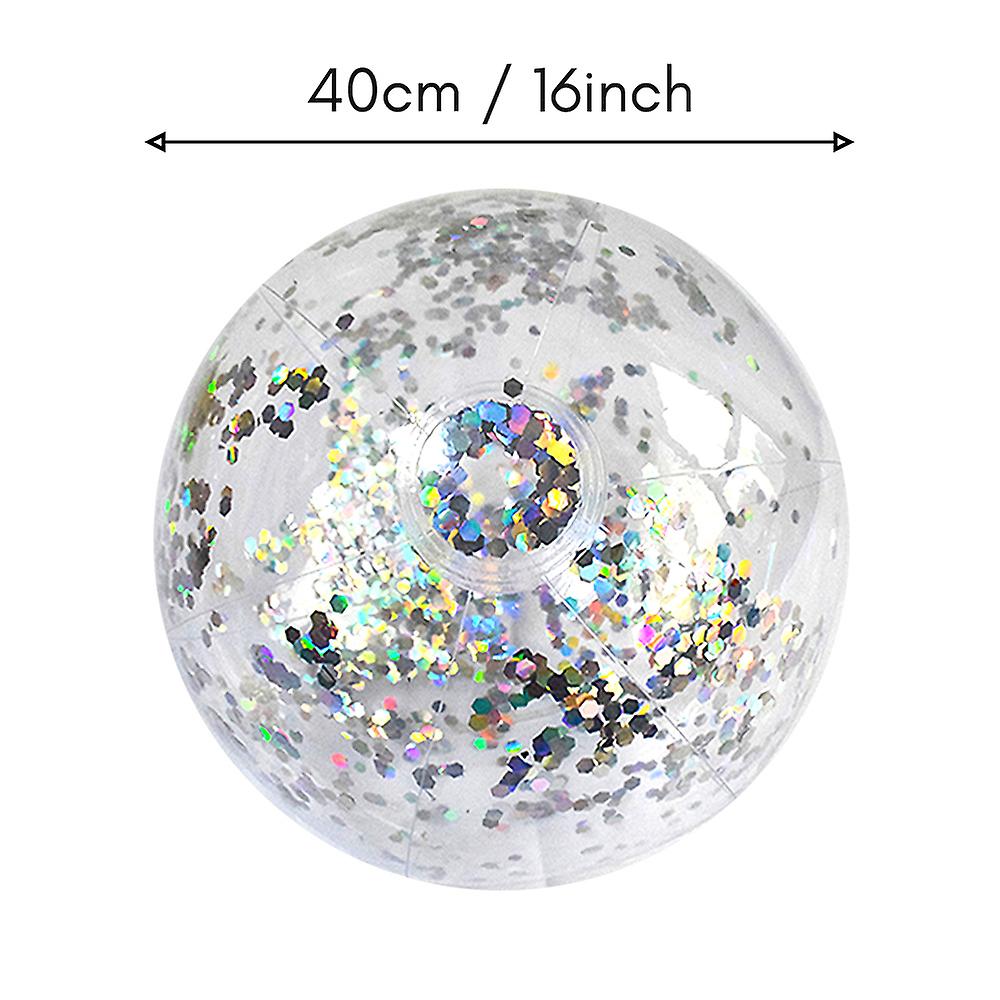 40cm/16inch Beach Ball Transparent Inflatable Swimming Pool Toy Ball With Beautiful Confetti Sequins For Summer Party Water Park Silver