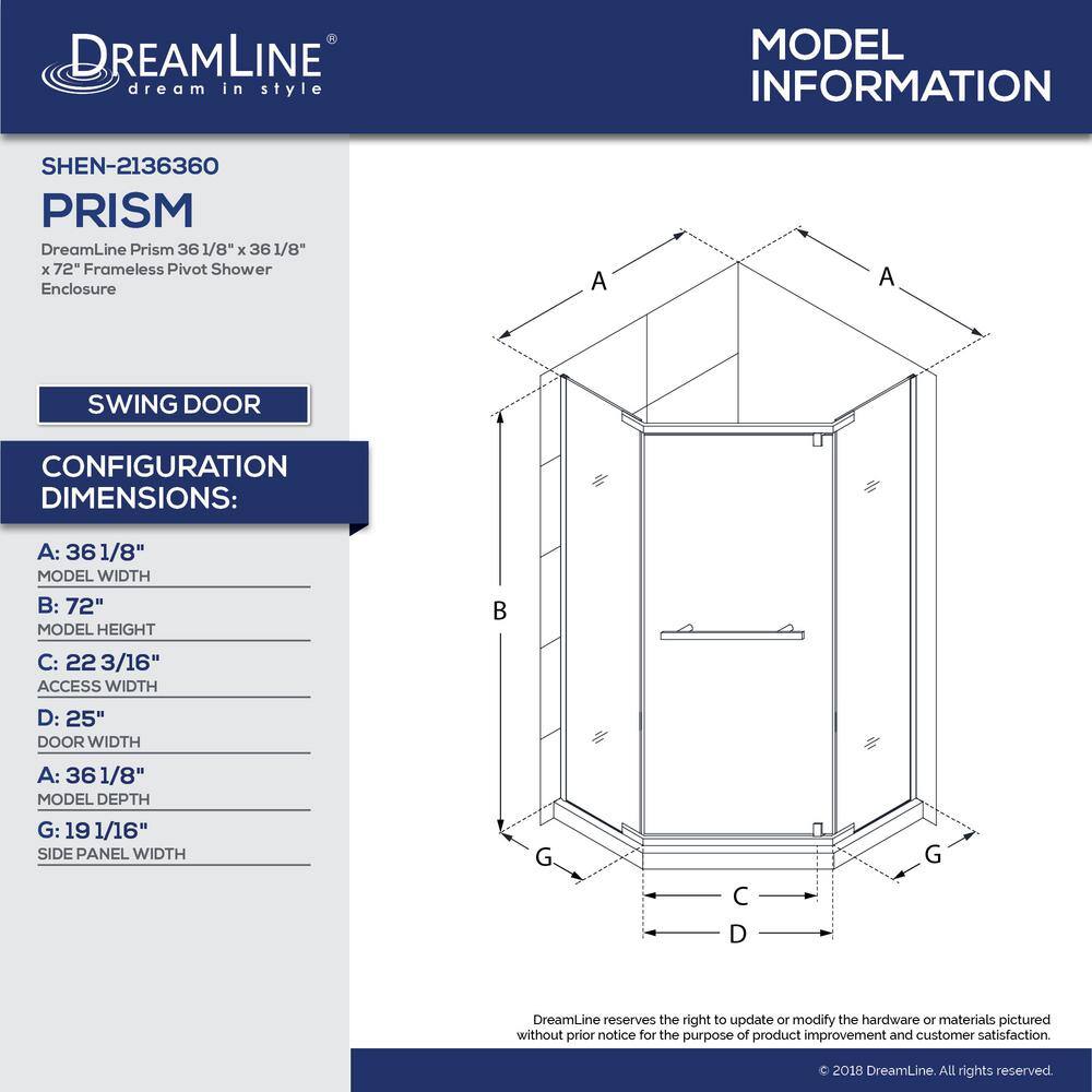 DreamLine Prism 38 in. x 38 in. x 74.75 in. Semi-Frameless Pivot Neo-Angle Shower Enclosure in Brushed Nickel with White Base DL-6031-04