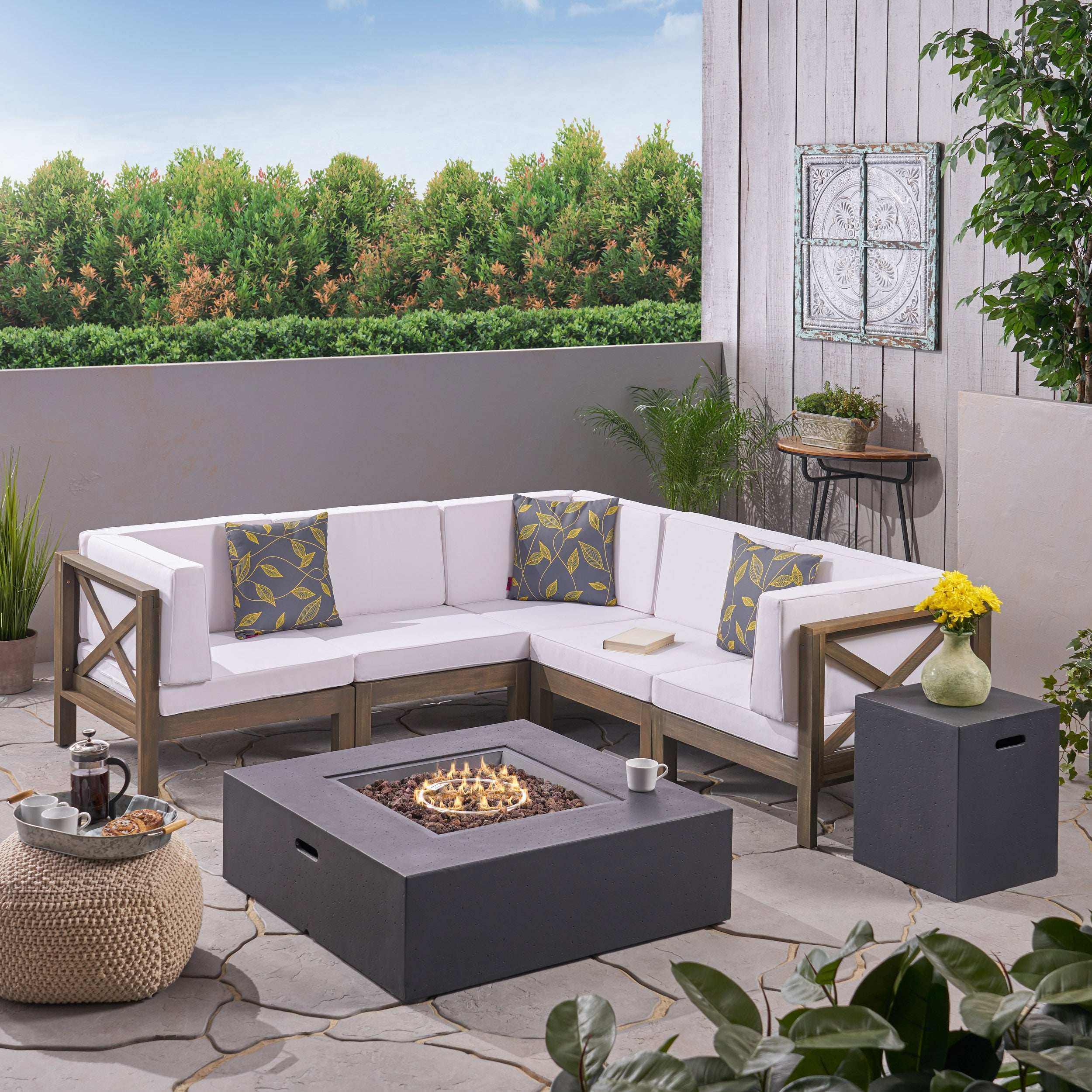 Cynthia Outdoor Acacia Wood 5 Seater Sectional Sofa Set with Fire Pit