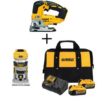 DW 20V MAX XR Cordless Brushless Jigsaw 20V MAX XR Brushless Router (2) 20V 5.0Ah Batteries and Charger DCS334BW6002052