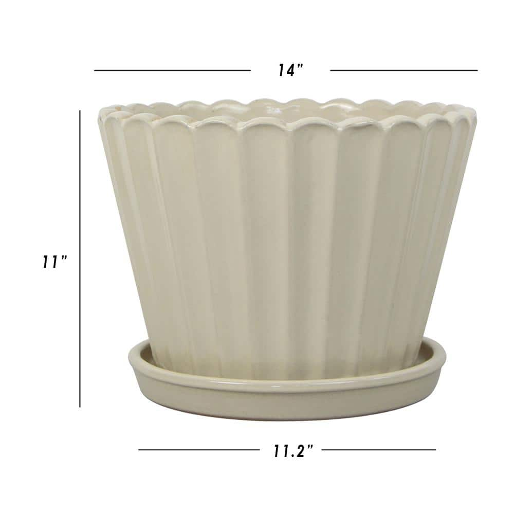 Trendspot 14 in. x 10.5 in. Fluted Scallop Ceramic Planter Cream HUCR02393S-14W