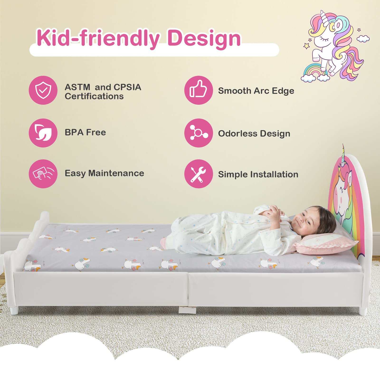 Costzon Twin Bed Frames for Kids, Wood Upholstered Twin Bed Platform with Slat Support