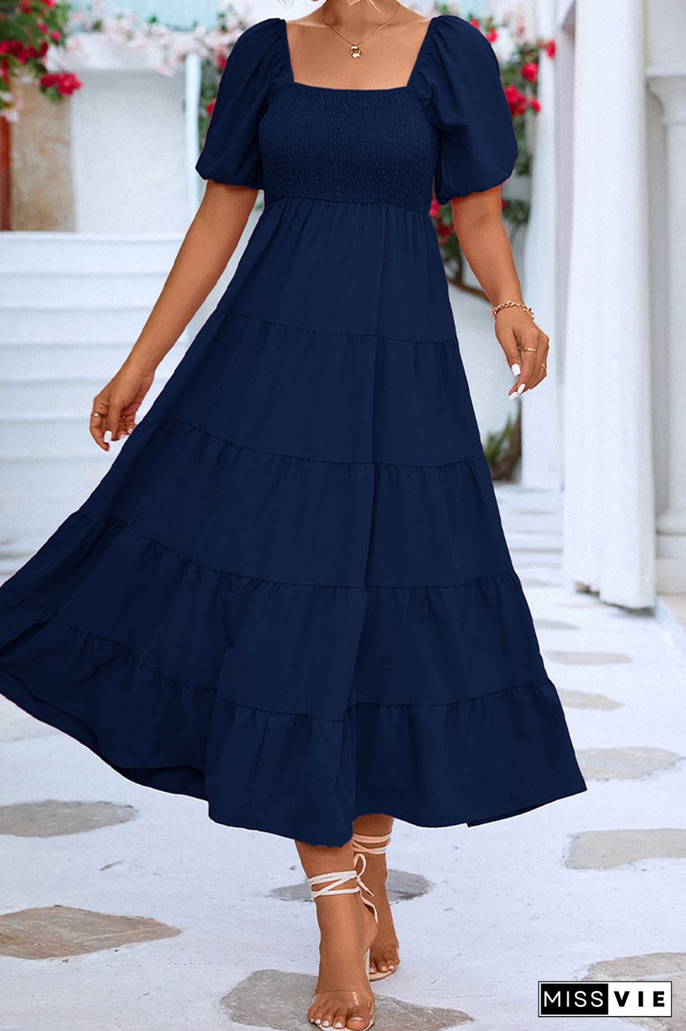 Puff Sleeves Square Neck Splicing Ruffle Long Dress